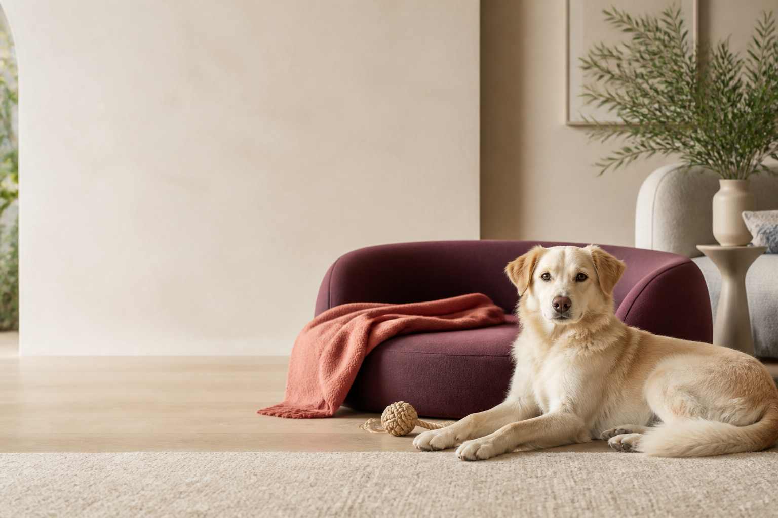 Dog relaxing beside a plum pet bed in a warm modern home